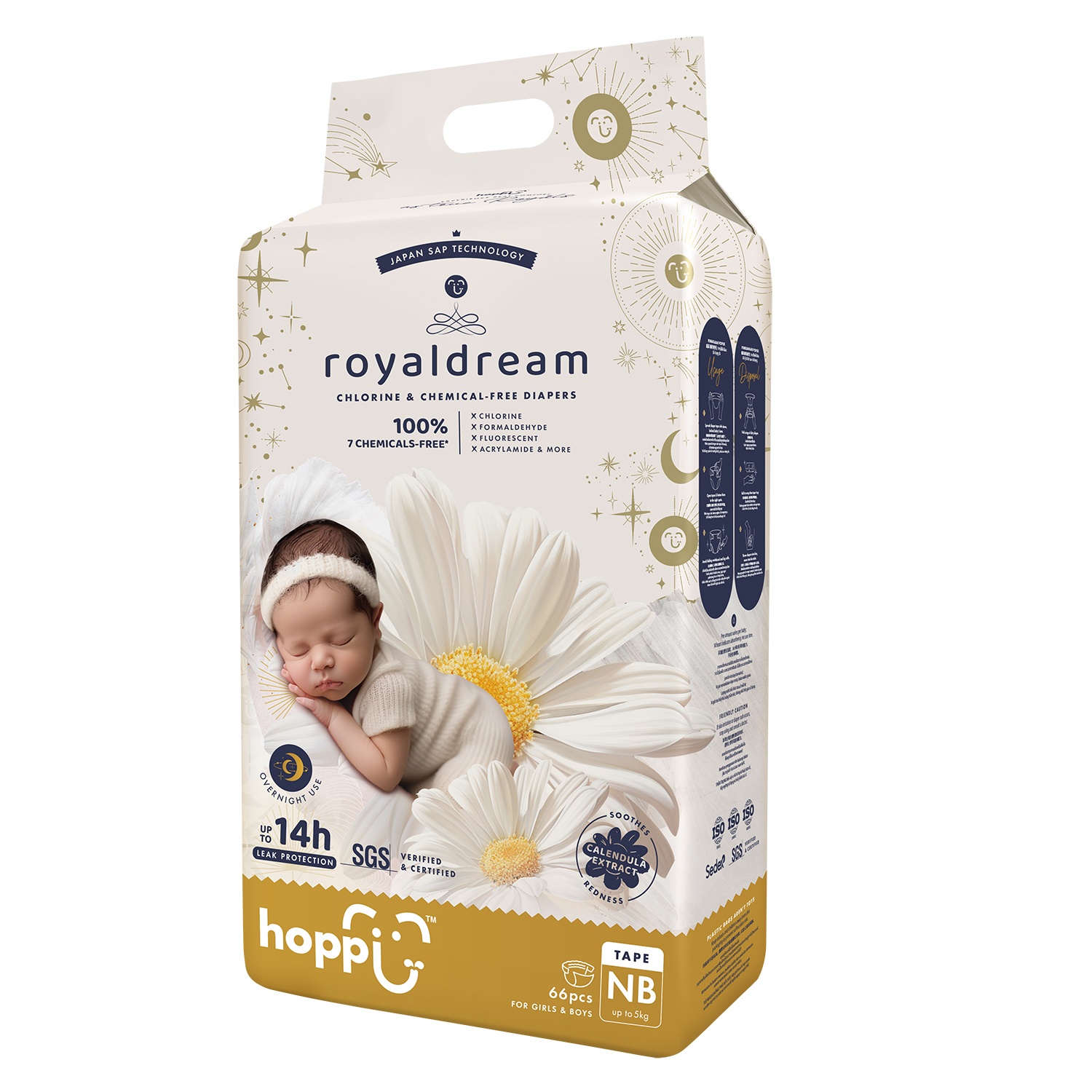Bỉm – Tã dán Hoppi RoyalDream cao cấp size NB 66 miếng (cho trẻ <= 5kg) )