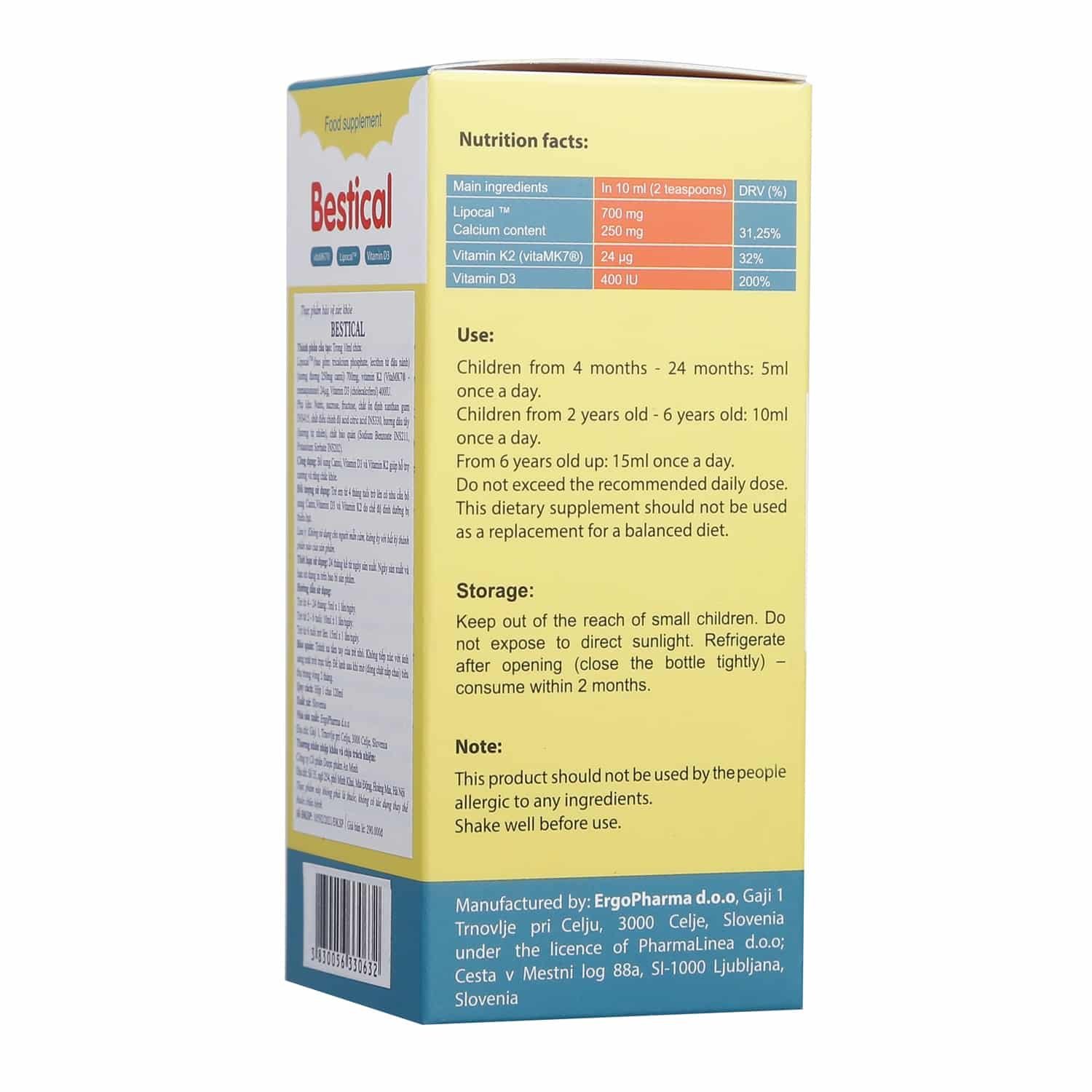 Bảng thành phần dinh dưỡng và tem phụ tiếng Việt trên chai Canxi Sinh Học Bestical 120ml