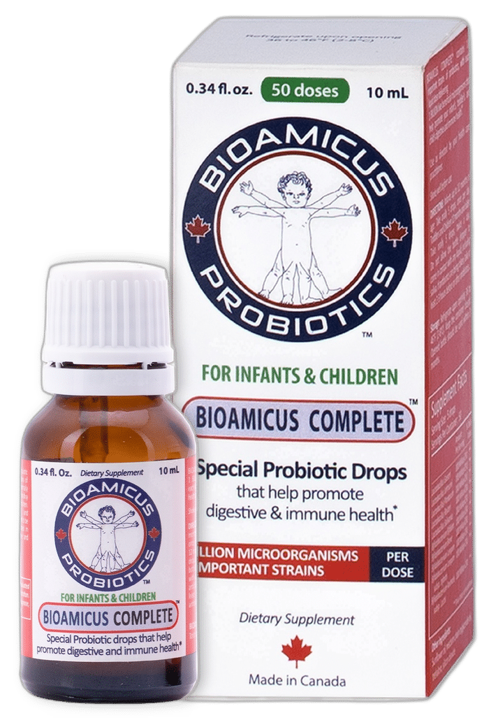Chi tiết chai nhỏ giọt nắp trắng và vỏ hộp Men Vi Sinh 10 Chủng BioAmicus Complete chính hãng