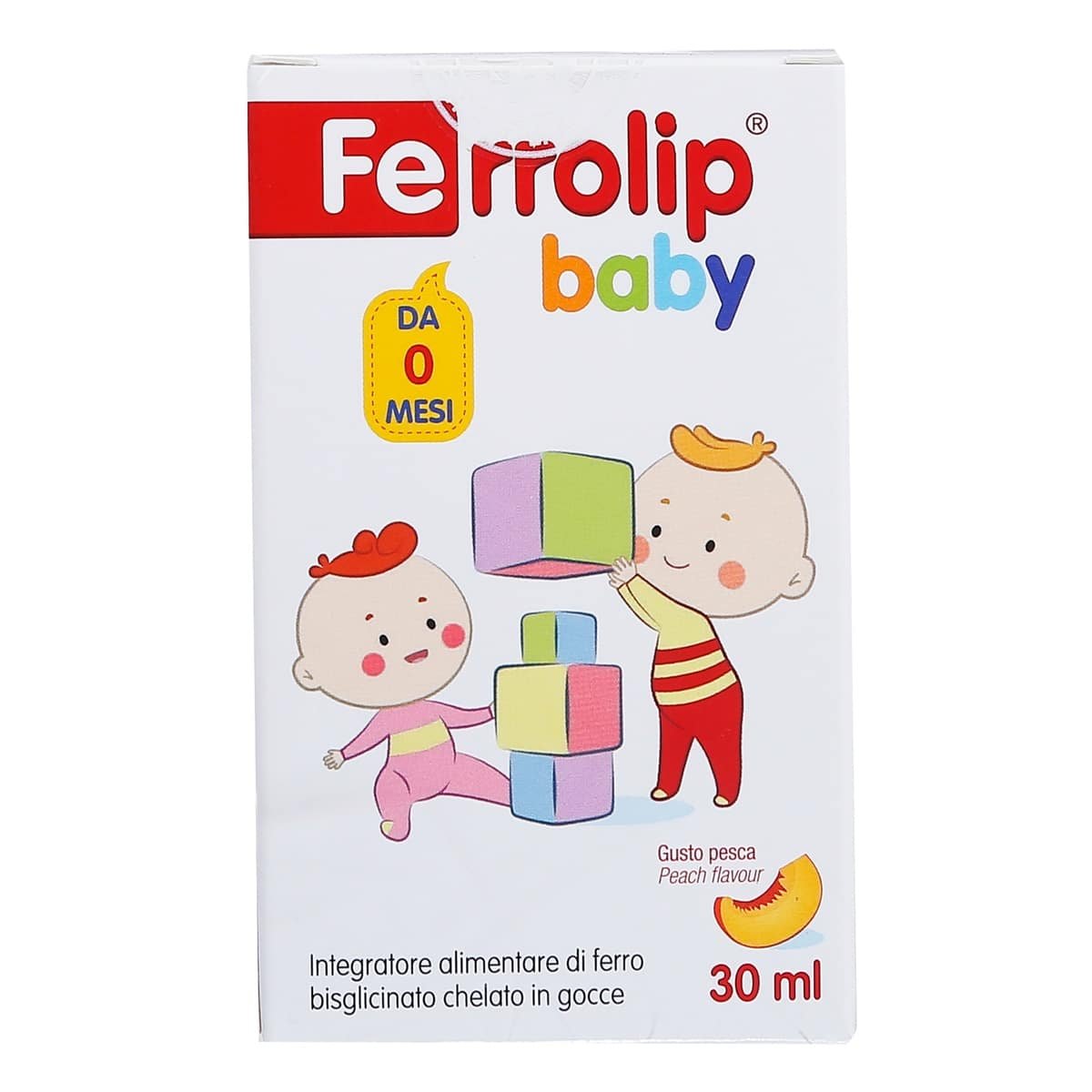 Mặt trước bao bì Sắt Hữu Cơ Cho Bé Ferrolip Baby 30ml vị đào thơm ngon