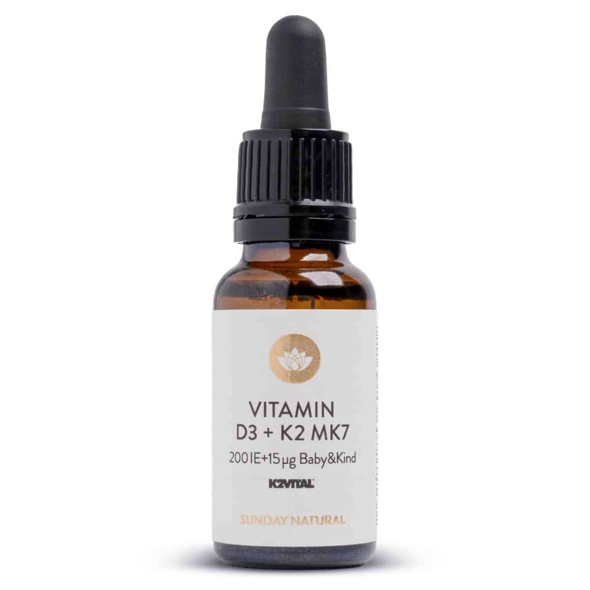 Chai thủy tinh hổ phách và nắp nhỏ giọt Vitamin D3 K2 MK7 Sunday Natural 20ml Đức